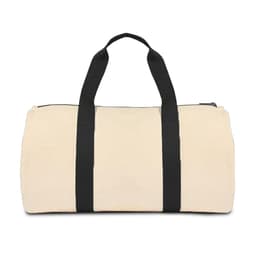 A cream heavy canvas duffle bag with black straps and a zip closure, featuring a logo.