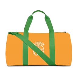 An orange duffle bag with green straps and a logo on the front. Features a shoulder strap for easy carrying.