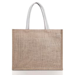 A jute canvas bag in natural tones with grey handles and a simple, spacious design.