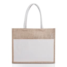 A jute canvas bag in natural and white colours with two handles and a front pocket. It features a logo.