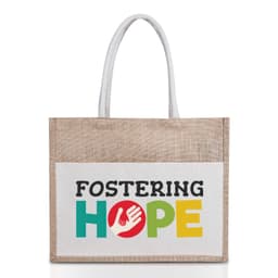 A jute canvas bag with a natural beige colour and a colourful printed design featuring the words "Fostering Hope."