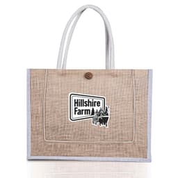 A jute bag in natural and grey tones, featuring a front pocket and a logo on the exterior.