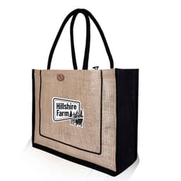 A jute bag with a natural beige colour and black handles, featuring a logo.