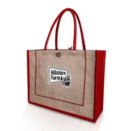 A jute bag in natural beige with red accents and handles, featuring a logo on the front.