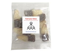 A bag of Sour Cola Bottles gummi lollies in brown and cream colours, featuring a logo on the packaging.