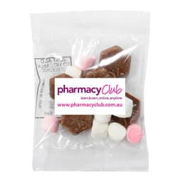 A clear package containing chocolate pieces and pink and white marshmallows, with a logo on the front.