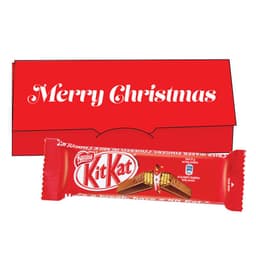 A red Christmas-themed packaging featuring a two-finger Kit Kat bar with a branded logo.