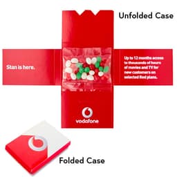 A promotional case displaying red and white colours, containing mini jelly beans in green and white. Features a logo.