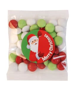 Christmas Choc Beans in a clear bag, featuring red, green, and white chocolate beans, with a festive label.