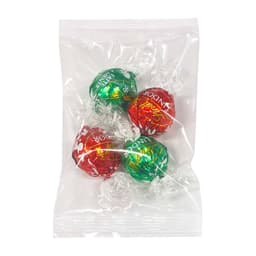 Four wrapped chocolate balls in red and green packaging, displayed in a clear, sealed bag with decorative paper.