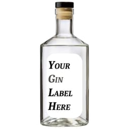 A drink bottle of clear gin with a cork stopper, featuring a blank label for custom branding.