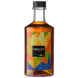 A drink bottle of whisky with a vibrant geometric label design featuring colours like orange, green, and blue.