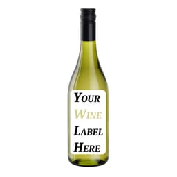 A drink bottle containing a white wine, featuring a glossy label and a sleek black cap. The bottle is clear with a light green hue.