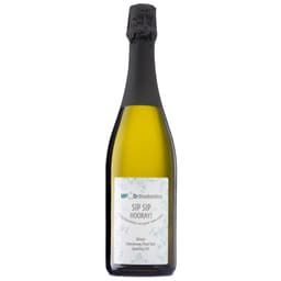 A drink bottle of Belvoir Sparkling Chardonnay Pinot Noir NV, featuring a black top and a pale yellow liquid.