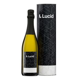 A drink bottle of sparkling wine presented in a black and white cylinder, featuring geometric patterns and a logo.