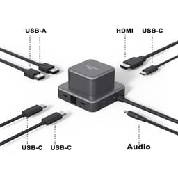 A USB hub in dark grey featuring multiple ports: USB-A, HDMI, USB-C, and an audio output.