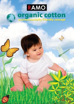 A baby in a white romper sits in a grassy area with butterflies and a dragonfly against a blue sky.