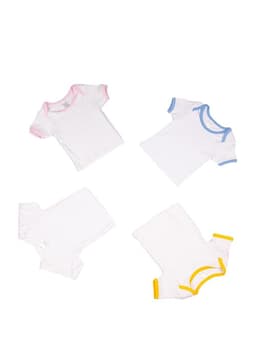 Four baby short sleeve tees in white with pink, blue, and yellow trim. Each tee features a simple design and has a logo.