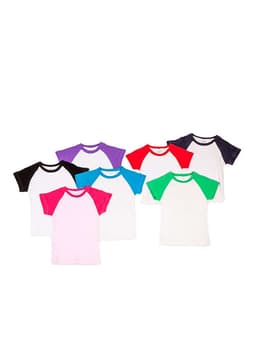 A collection of babies' raglan T-shirts in various colours, featuring contrasting sleeves and a simple design.