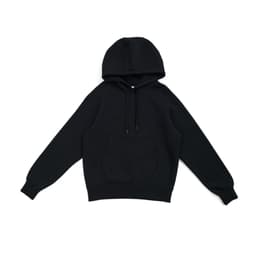 A black kangaroo pocket hoodie with a hood and long sleeves, featuring a logo.