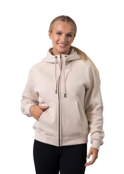 A beige women's cotton hoodie with a kangaroo pocket and zipper, featuring a logo on the chest.