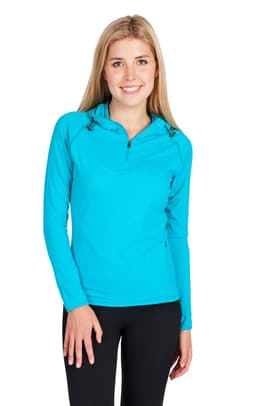 A turquoise half-hood top for women, featuring long sleeves and a zip neckline, with a subtle branding detail.