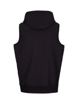 A sleeveless black hoodie with a hood and a fitted design, featuring a logo on the back.