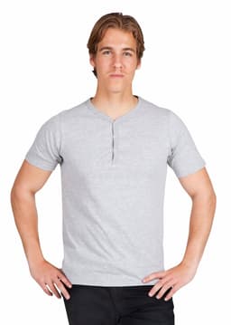 A grey Men's Hanley T-shirt featuring a round neckline and short sleeves, worn by a model.