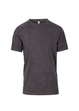 A stone wash black unisex T-shirt with a crew neck and short sleeves, featuring a logo.