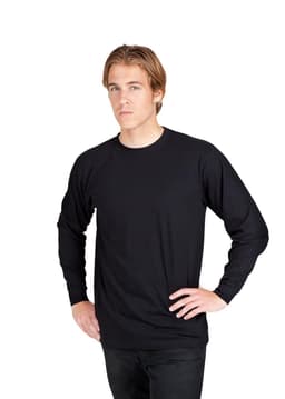 A unisex long sleeve T-shirt in black, featuring a crew neck and a fitted style. The model displays a casual pose.