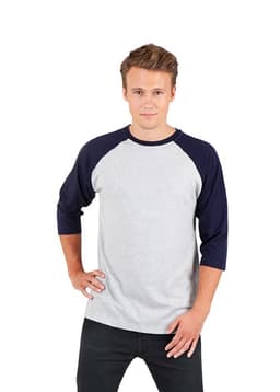 A men's unisex 3/4 sleeve raglan T-shirt in grey with navy blue sleeves and a logo.