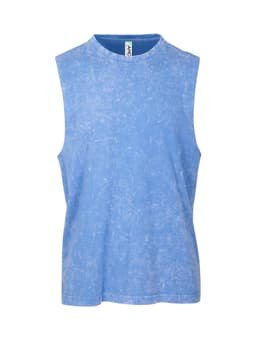 A blue stone wash tank singlet with a round neck and sleeveless design. Features a branding label.