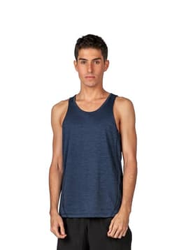 A navy blue men's singlet made of 100% polyester, featuring a standard tank design and a logo on the garment.