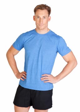 A blue heather T-shirt displayed on a model, paired with black shorts, showcasing a relaxed fit and simple design.