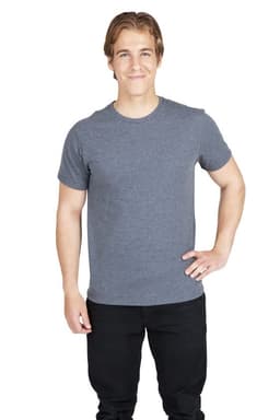 A blue and a green Men's Heavy Marl T-shirt worn by models, one playing guitar outdoors.