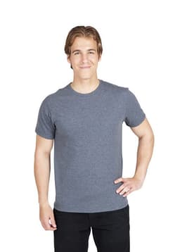 A grey heavy marl T-shirt worn by a man, featuring a round neckline and short sleeves. The model is standing with one hand on his hip.