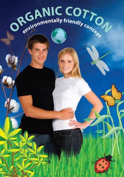 Two models wearing organic cotton T-shirts, one in black and one in white, set against a vibrant nature-themed background.