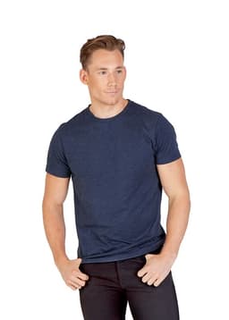 A men's unisex marl crew neck T-shirt in navy blue, featuring a logo, displayed on a model.