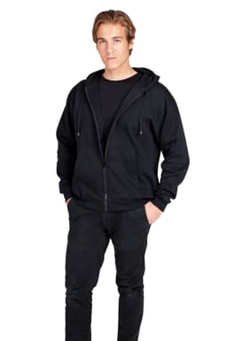 A purple zip hoodie worn by a male model and a blue zip hoodie worn by a female model, both with pockets.