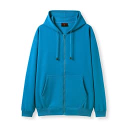 A turquoise men's zip hoodie featuring a front pocket and a drawstring hood. It has a logo on the chest.