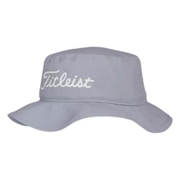 A grey bucket hat with a wide brim and a branded logo on the front.