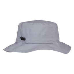 A light grey bucket hat featuring a drawcord and a logo on the side. Ideal for outdoor activities.