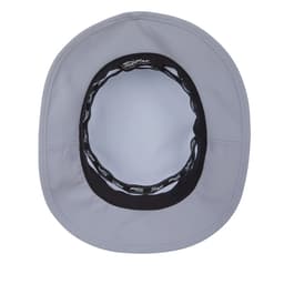 A grey bucket hat with a black inner lining and a logo. The design is simple and functional for outdoor activities.