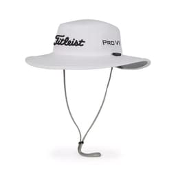 A white sun hat with a wide brim and a chin strap, featuring a logo.