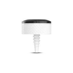 A white and black golf sensor with a threaded base for secure attachment. The design features textured lines.