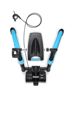 A black and blue Garmin Tacx Boost indoor trainer with handles and a cable attachment.