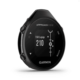 A black Garmin Approach G12 golf device with a round screen displaying yardage information.