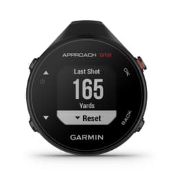 A black Garmin Approach G12 golf device displaying a last shot measurement, featuring a logo and control buttons.