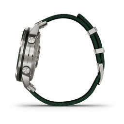 A sleek silver watch with a dark green woven strap, featuring prominent buttons on the side and a stainless-steel case.