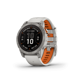A Garmin fenix 7 Pro Sapphire Solar Titanium watch with a fog grey and ember orange band, featuring a digital display.